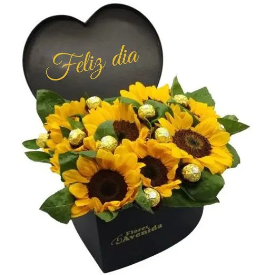 Caja corazon con flores girasol y chocolates rocher